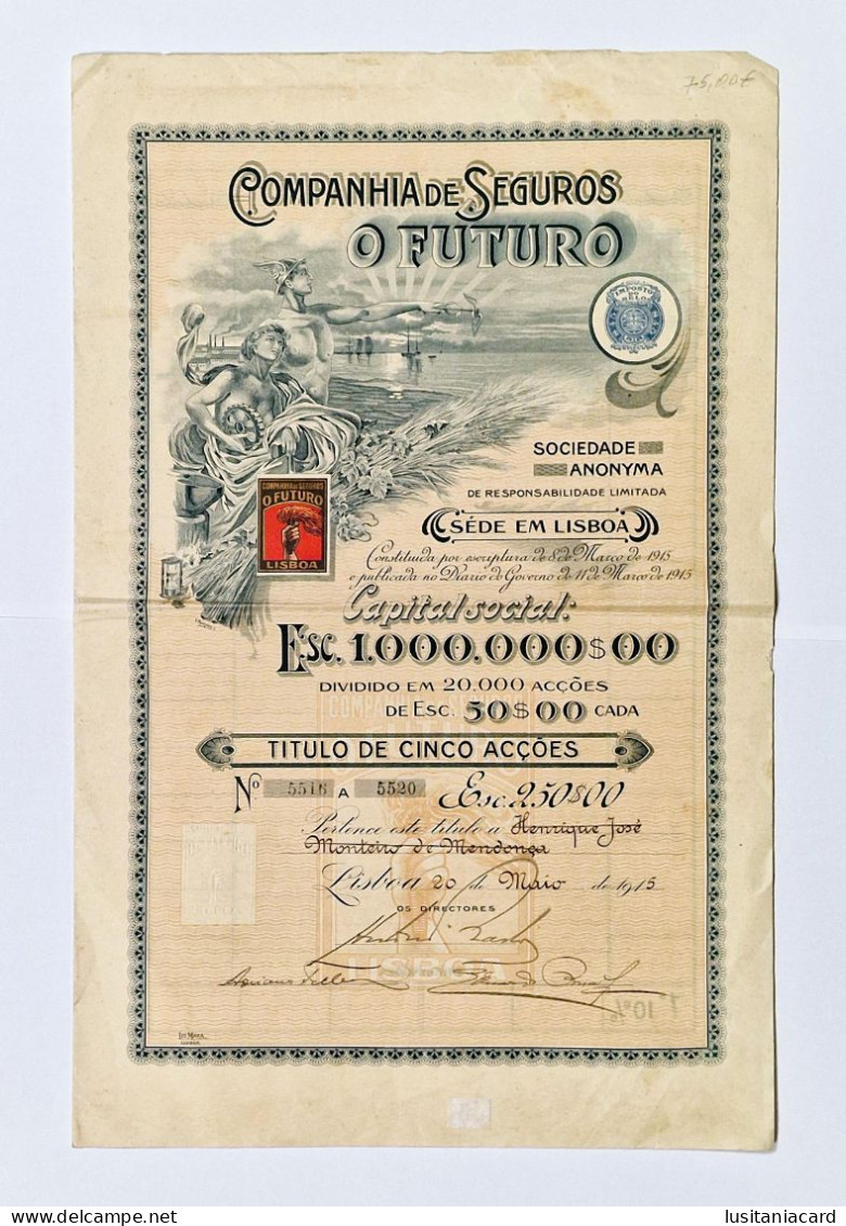 PORTUGAL -LISBOA - Companhia De Seguros - O Futuro - Titulo De Cinco Acções - Nº 5516 A 5520 - 250$00 - 20MAI1915 - Banque & Assurance