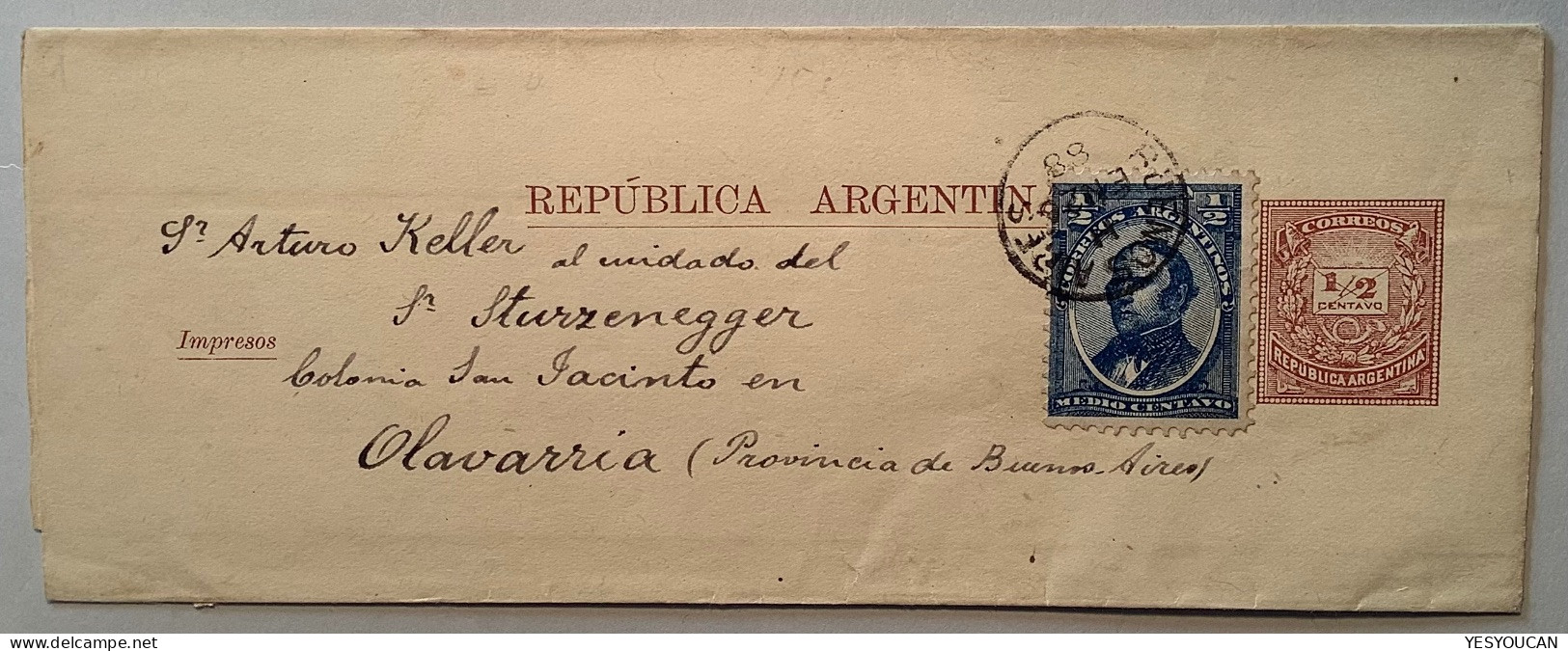 Argentina Rare BUENOS AIRES 1888 Postal Stationery Wrapper 1/2c Franked 1/2c Blue>Olavarria (cover Entier Lettre - Postwaardestukken