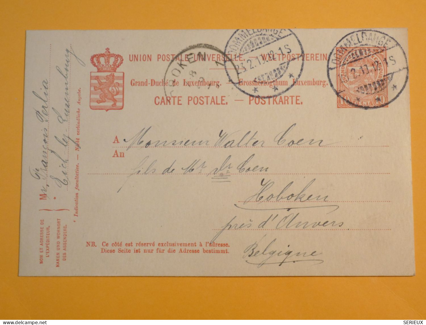 DK 5 LUXEMBOURG    BELLE  CARTE ENTIER  1912  A HOBOKEN BELGIQUE    +AFF INTERESSANT +++ - Entiers Postaux
