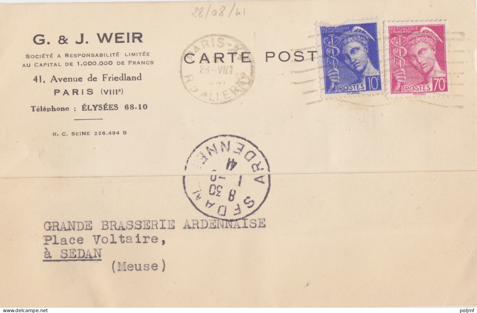 CP "G & J Weir" Obl. Flier Paris XV Le 28/8/41 Sur 10c + 70c Mercure N° 407, 416 (tarif Du 1/12/39) Pour Sedan - 1938-42 Mercurius