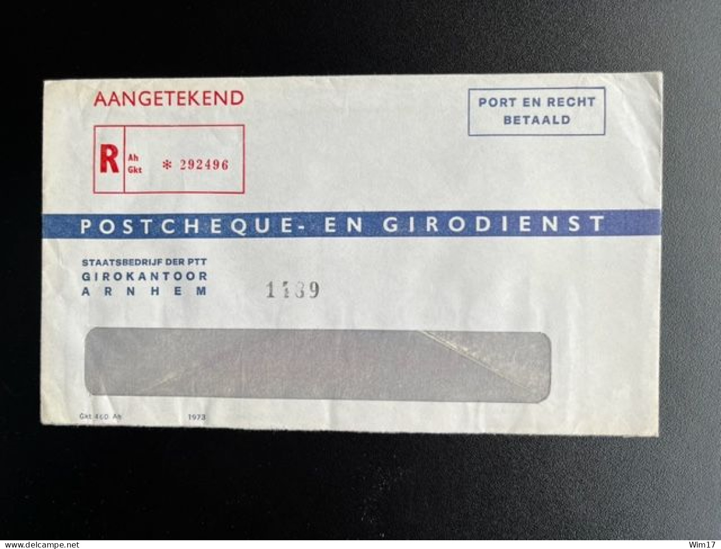 NETHERLANDS 1973 REGISTERED ENVELOPE POSTCHEQUE- EN GIRODIENST NEDERLAND AANGETEKEND POSTGIRO GKT 460 AH - Covers & Documents