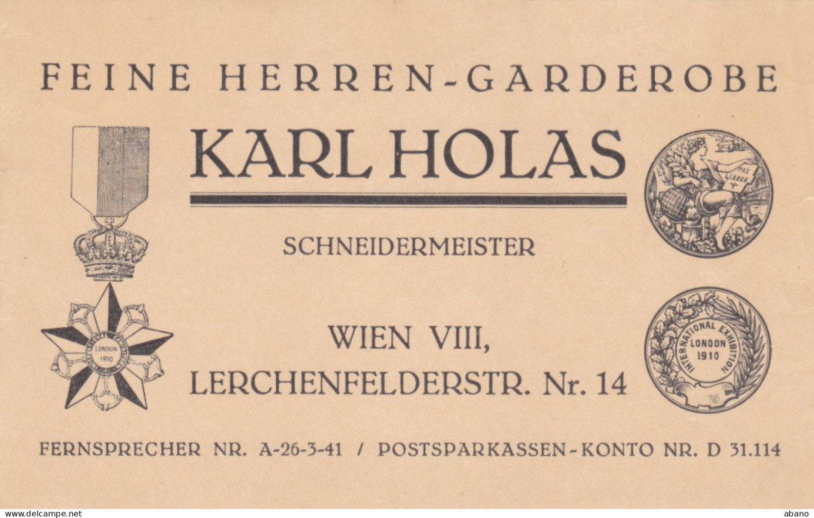 Alte Werbekarte Schneidermeister Karl Holas, Wien 8. Bezirk, Lerchenfelderstr. 14 !!! - Pubblicitari