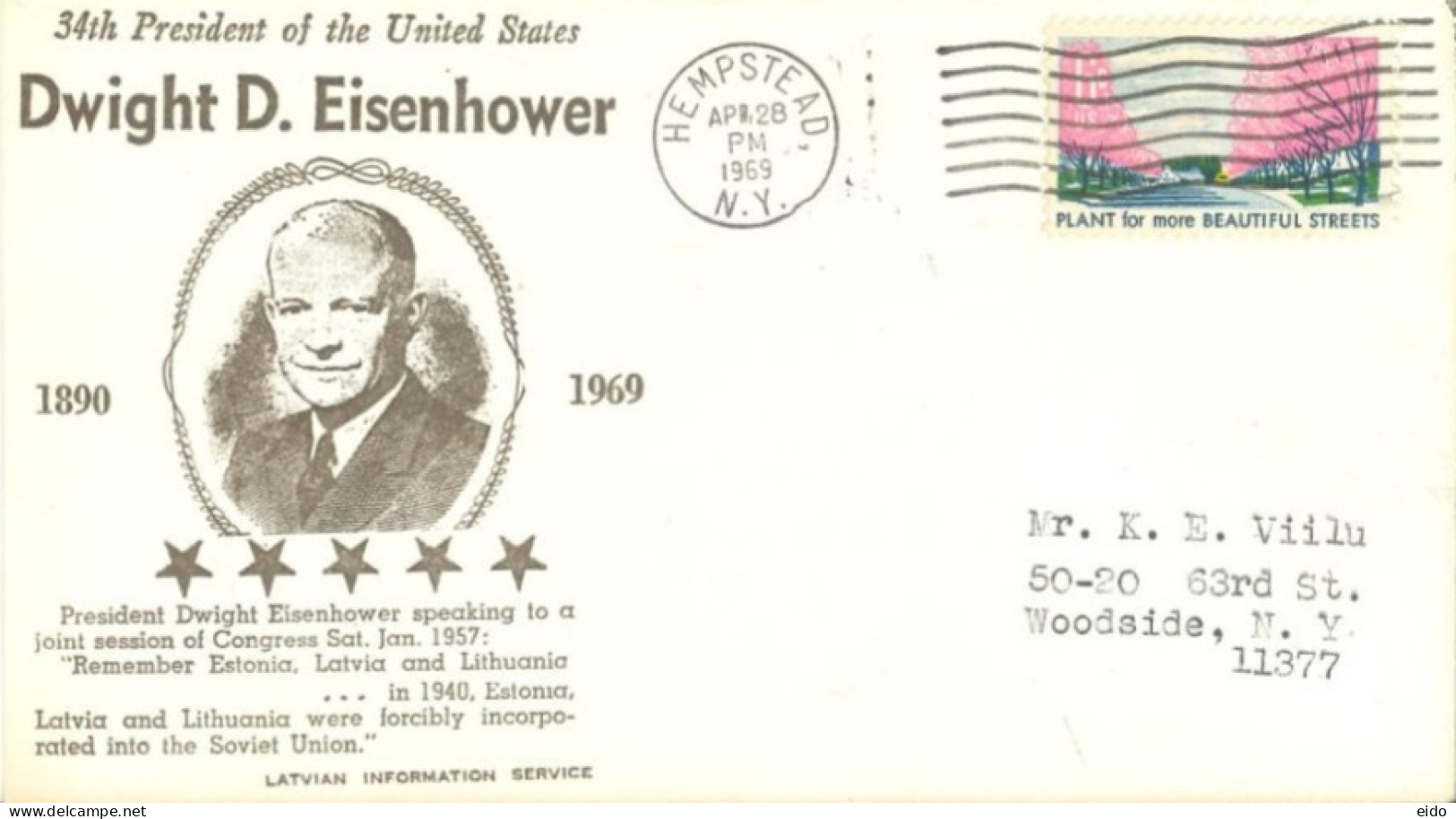 U.S.A.. -1969 -  SPECIAL STAMP COVER OF 34th PRESIDENT OF USA DWIGHT D. EISENHOWER SENT TO N.Y. - Briefe U. Dokumente