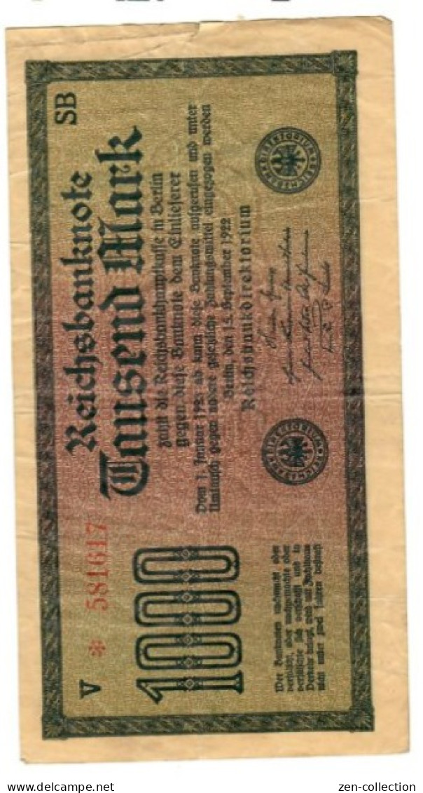 WW2 Germany Nazi Propaganda FORGERY Overprint On Genuine 1000 Mark 1923 Banknote VF- (tears) - Otros & Sin Clasificación