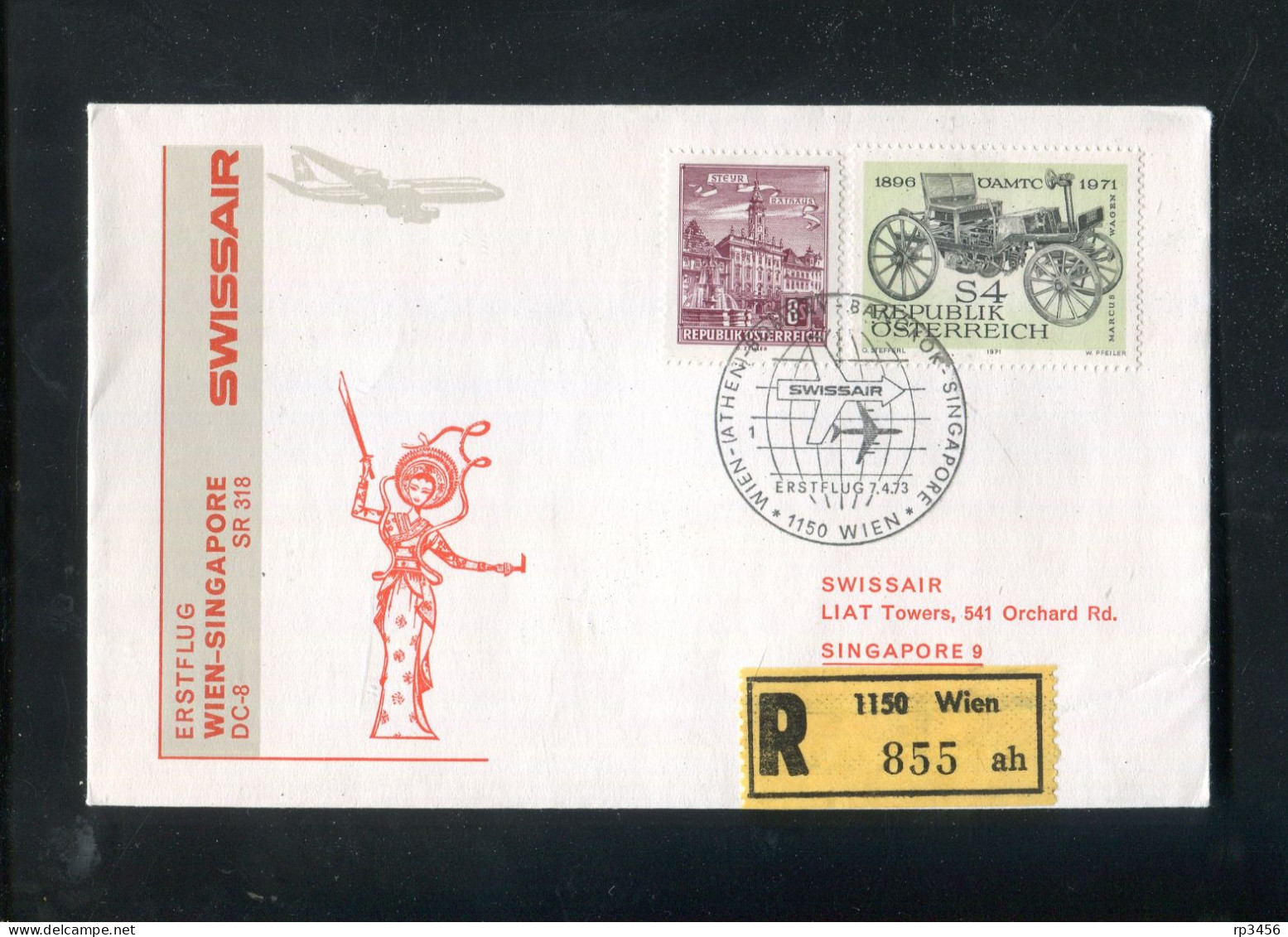 "OESTERREICH" 1937, SWISSAIR-Erstflugbrief SR 318 Mit DC-8 "Wien-Singapore" (80135) - First Flight Covers