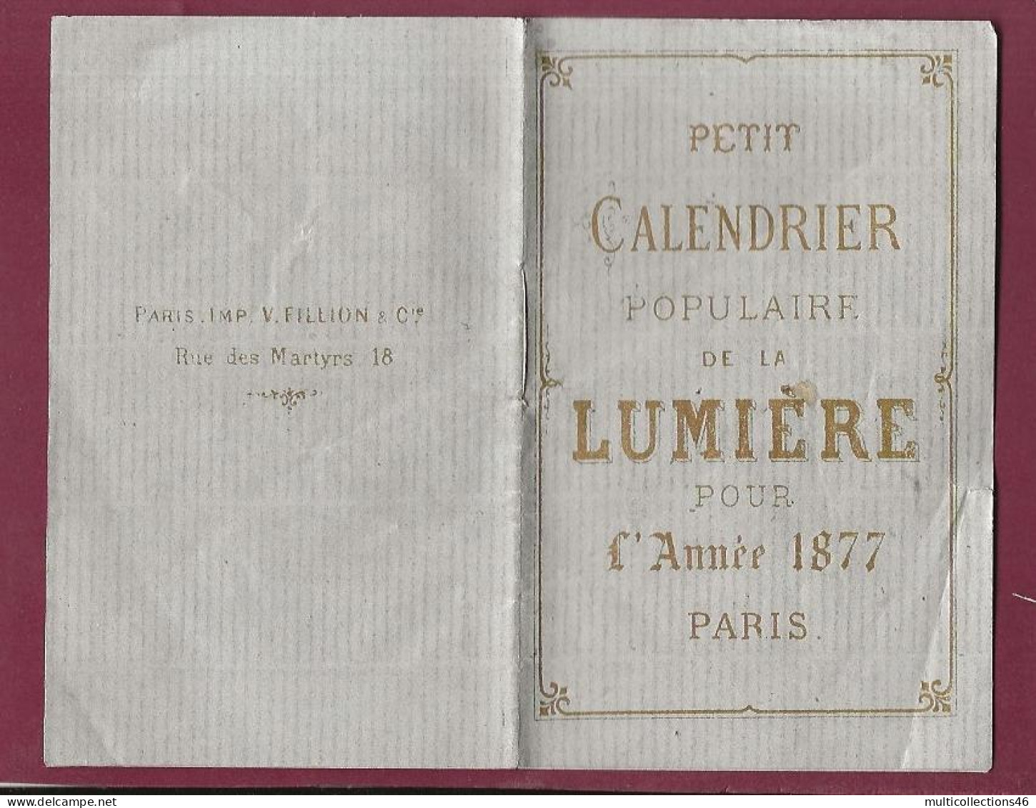 150224 - PETIT CALENDRIER POPULAIRE DE LA LUMIERE Journal ANNEE 1877 PARIS - Small : ...-1900