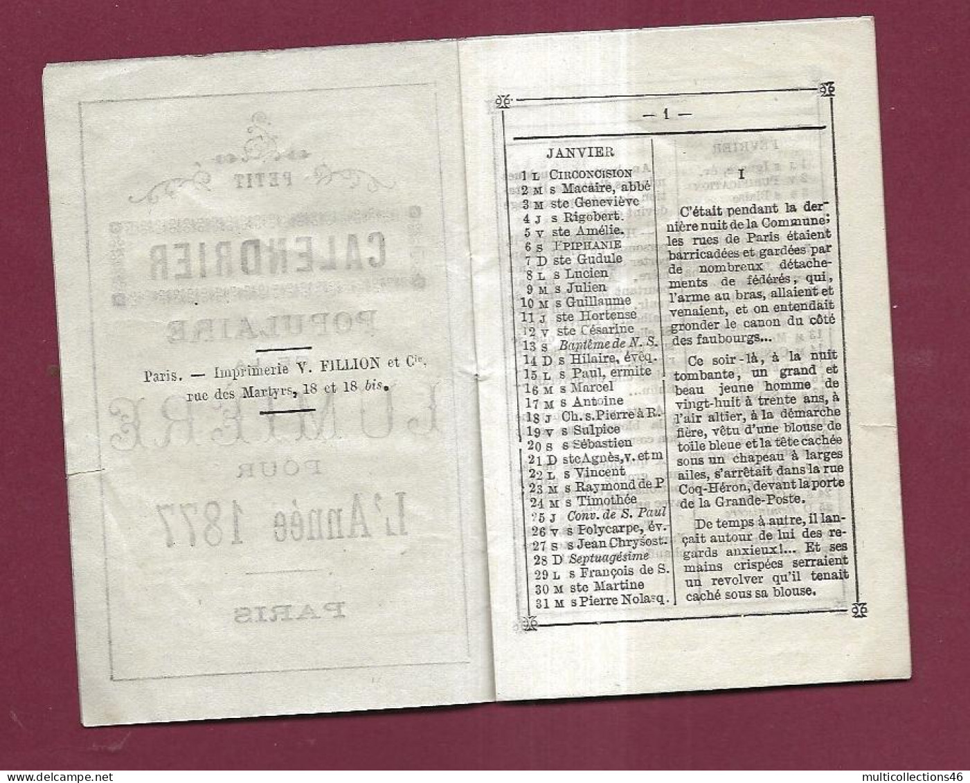 150224 - PETIT CALENDRIER POPULAIRE DE LA LUMIERE Journal ANNEE 1877 PARIS - Tamaño Pequeño : ...-1900