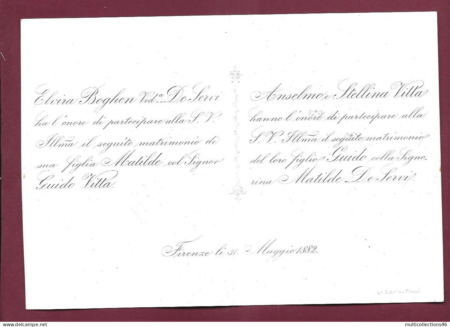 150224 - FAIRE PART DE MARIAGE ANCIEN - 1882 ITALIE FIRENZE Elvira Boghen De Servi &  Anselmo Stellina Vitta SV - Wedding