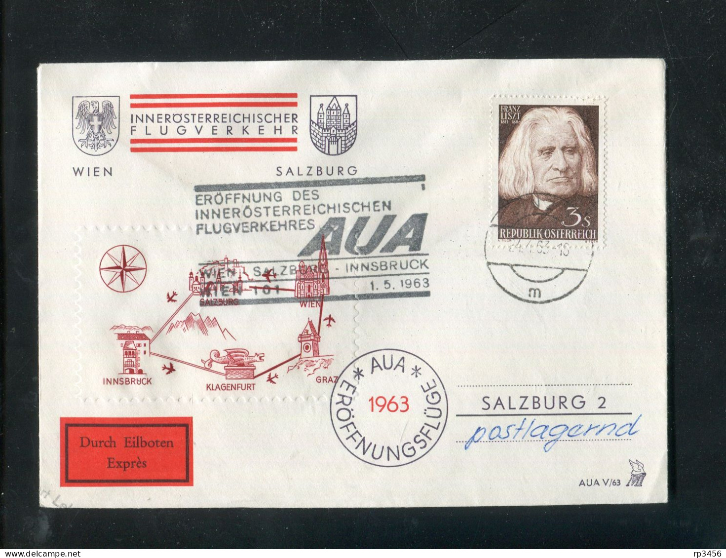 "OESTERREICH" 1963, AUA-Erstflugbrief "Wien-Salzburg" (80144) - First Flight Covers