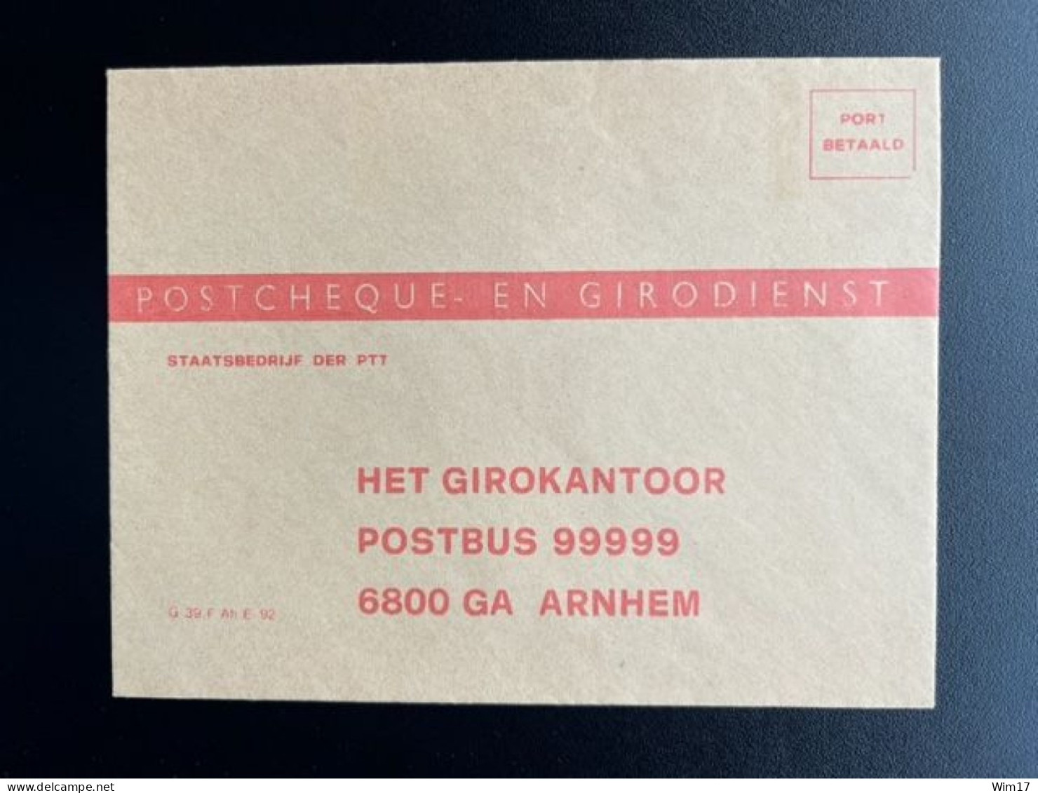 NETHERLANDS 19?? UNUSED ENVELOPE POSTCHEQUE- EN GIRODIENST NEDERLAND G 39 F AH E 92 - Brieven En Documenten