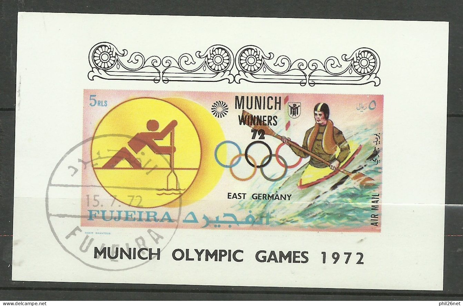 Bloc Non Dentelé Fujeira Vainqueurs  J.O.de Munich Avec Cachet 1er Jour 15 Juillet 1972  Kayak Monoplace Hommes    TB - Canoe