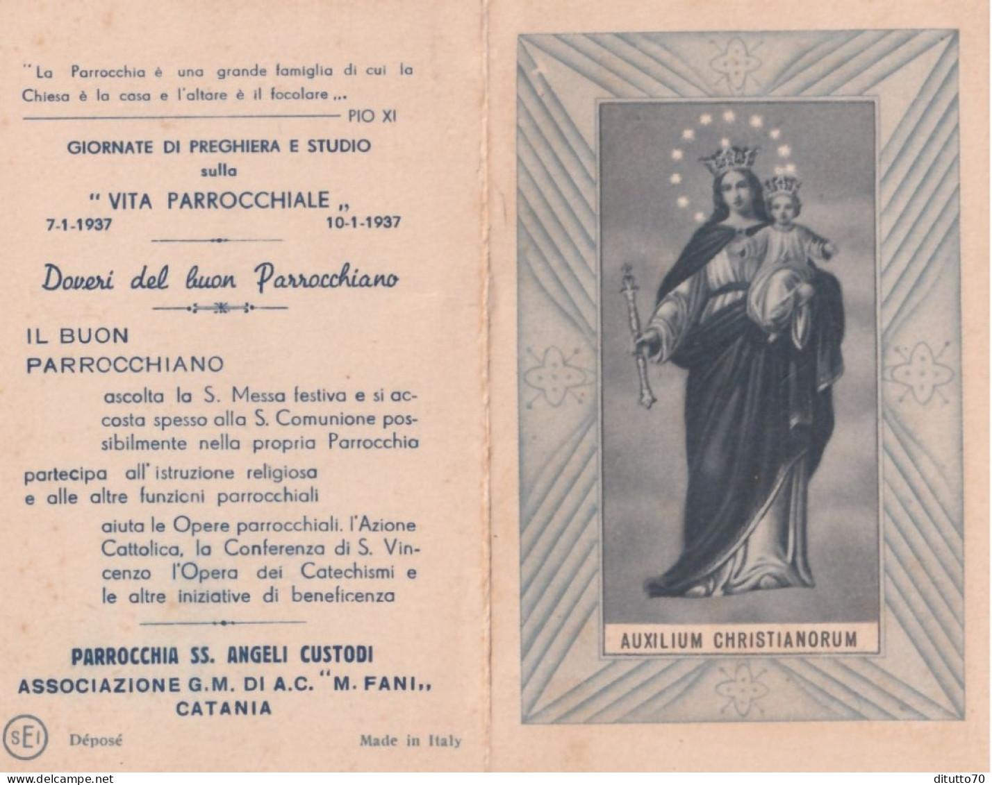 Calendarietto - Parrocchia Ss.angeli Custodi - Associazione G.m. Di A.c. M.fani - Catania - Anno 1996 - Formato Piccolo : 1921-40