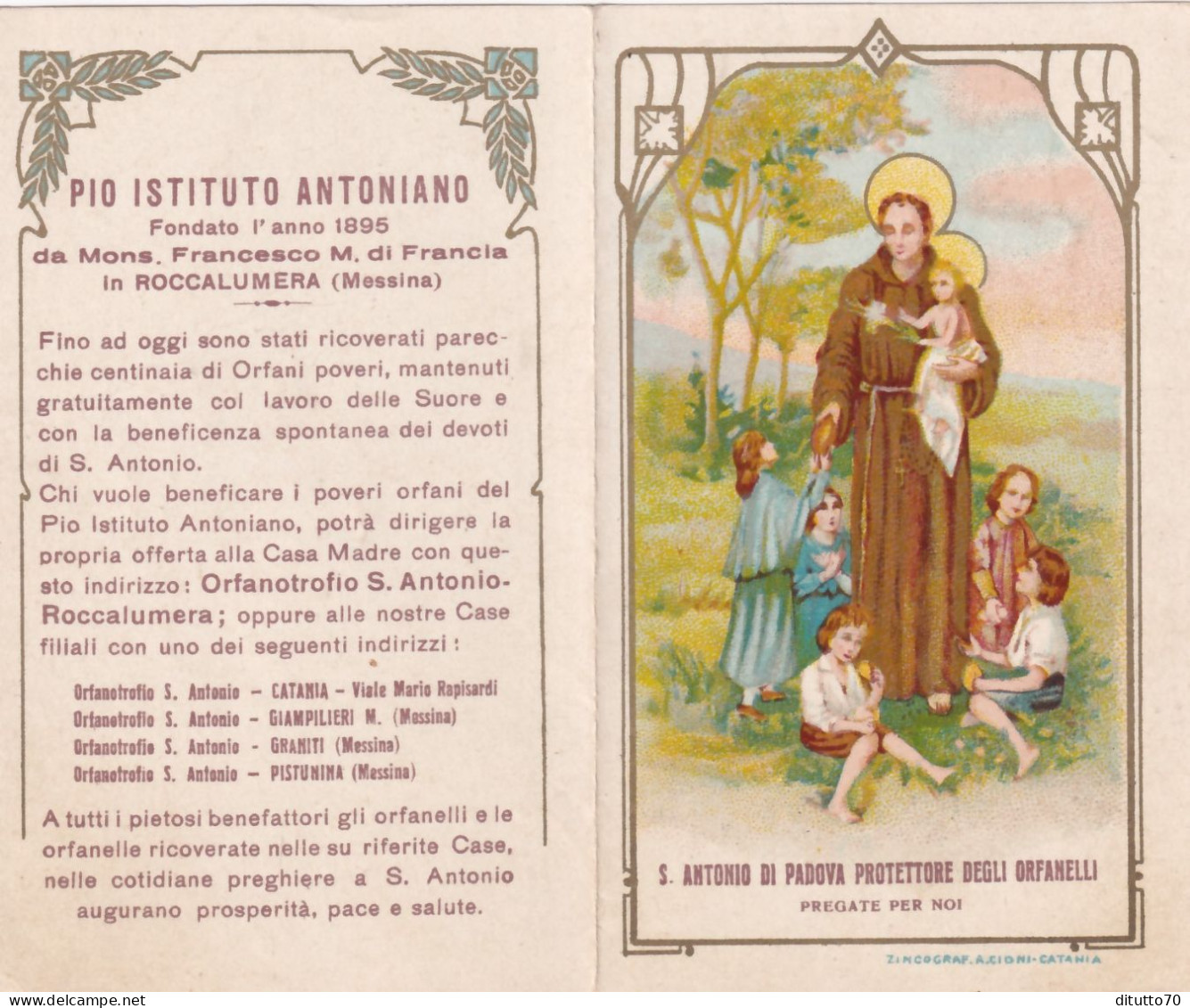 Calendarietto - Pia Istituto Antoniano  Fondata L'anno 1895 Da Mons Francesco M. Di Francia  - N Roccalumera - Messina - - Formato Piccolo : 1921-40