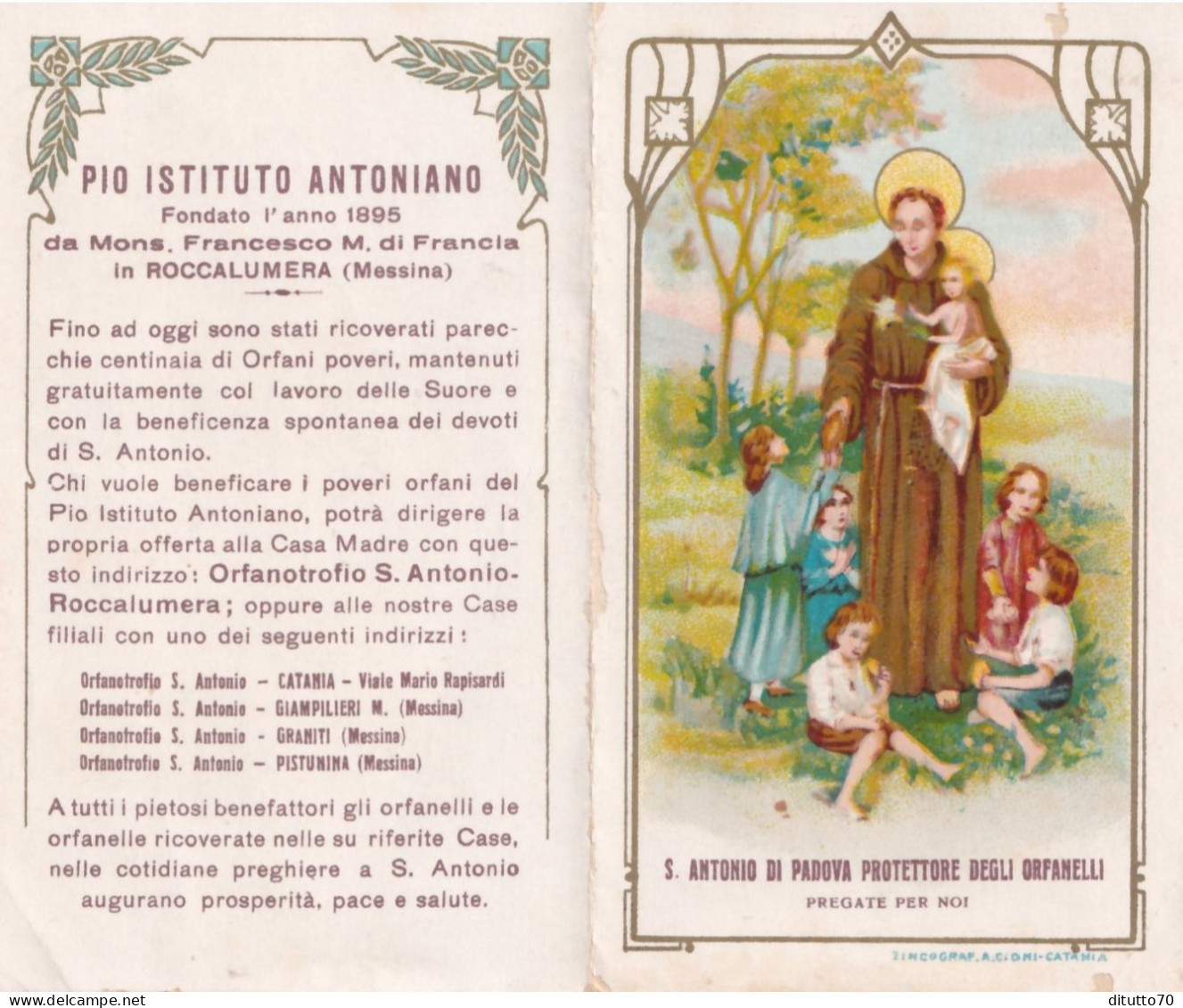Calendarietto - Pia Istituto Antoniano  Fondata L'anno 1895 Da Mons Francesco M. Di Francia  - N Roccalumera - Messina - - Formato Piccolo : 1921-40