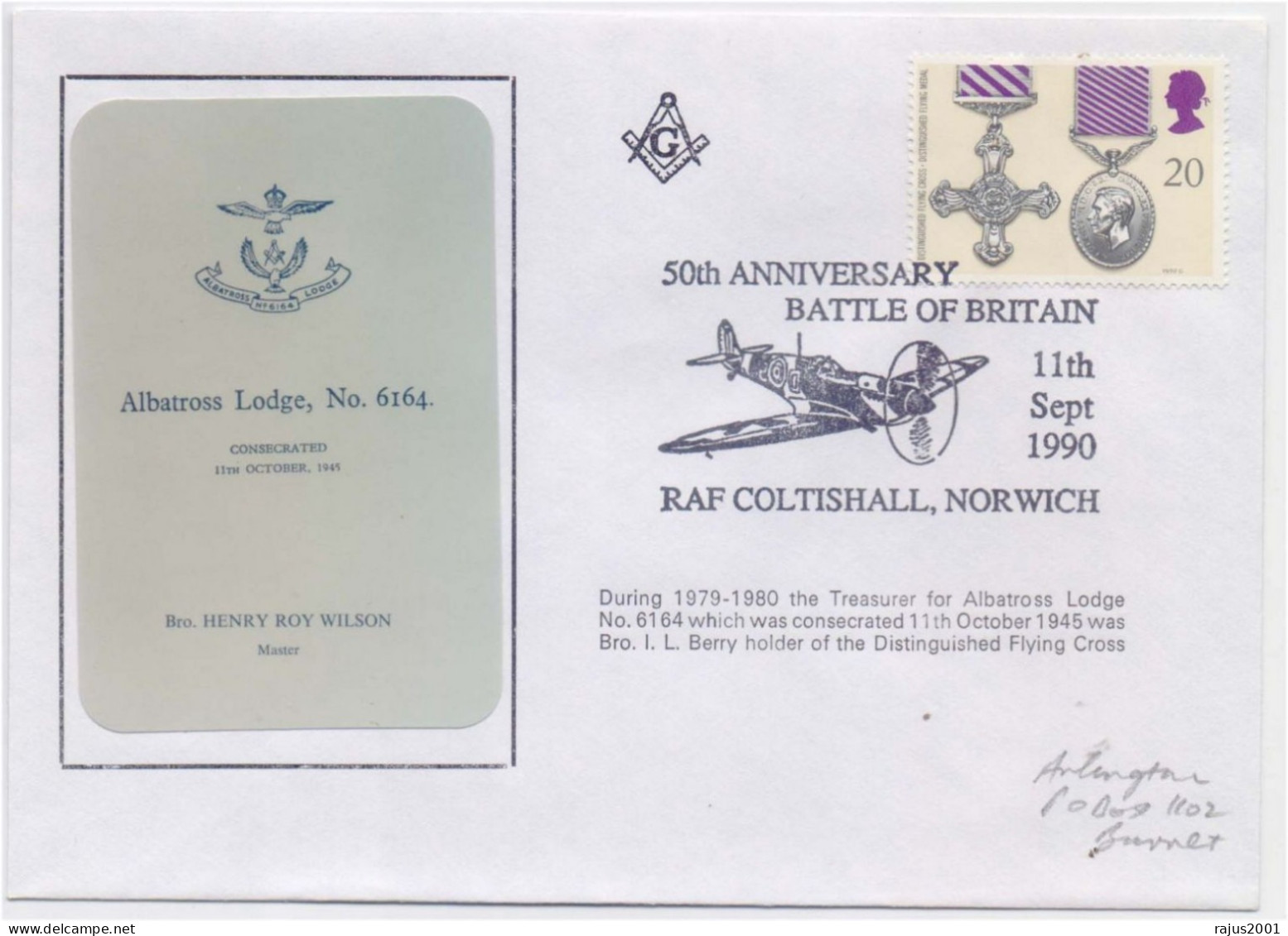 Bro. Henry Roy Wilson Treasurer For Albatross Lodge No 6164, Flying Cross, Battle Of Britain, Freemasonry Masonic Cover - Vrijmetselarij