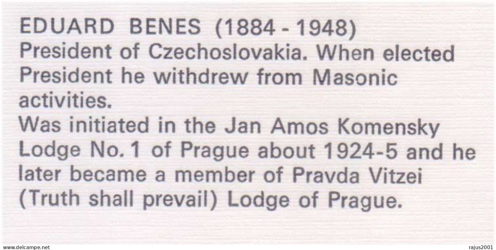 EDUARD BENES He Withdrew From Masonic Activities, Lodge Of Prague, Amos Komensky Lodge No. 1, Freemasonry Masonic Cover - Vrijmetselarij