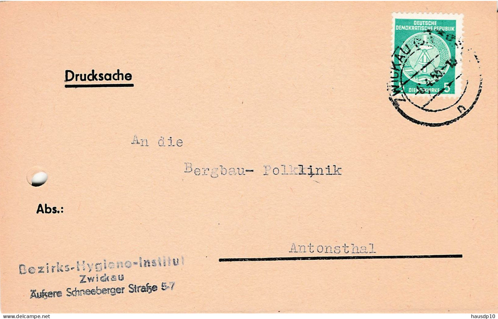 DDR Dienst Drucksache Bezirks Hygiene Institut Zwickau 1955 -  Mahnung - Lettres & Documents