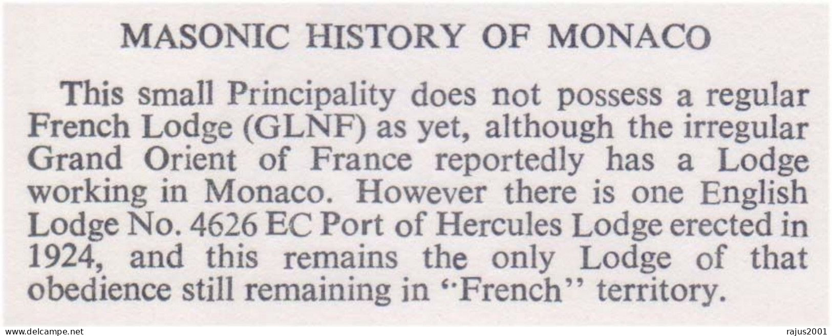 Masonic History Of Monaco, English Lodge No. 4626, Hercules Lodge, Freemasonry, Masonic, Monaco FDC - Freimaurerei