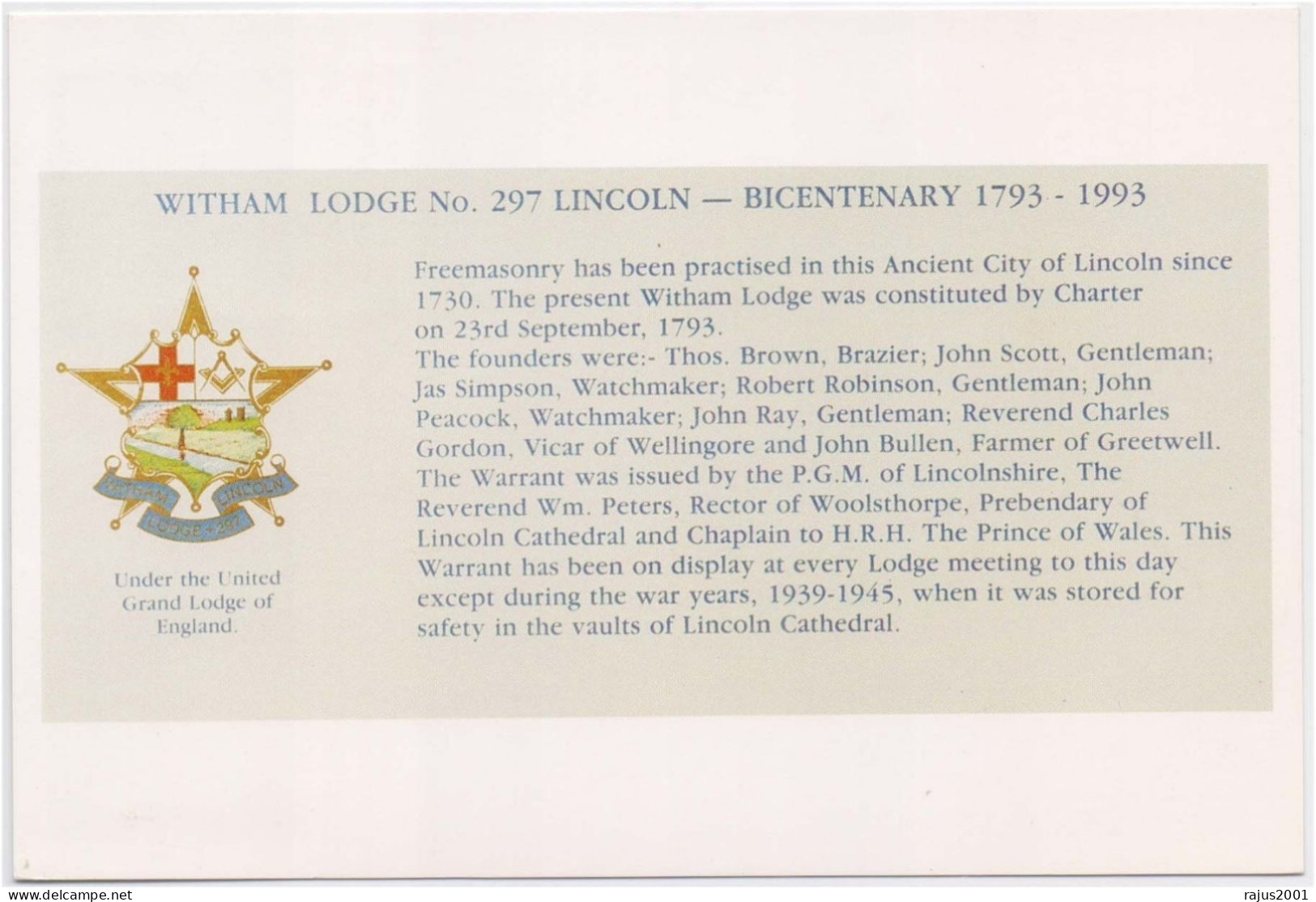 Witham Lodge No. 297 Maintain Unbroken Records Since 1793, Lincoln Cathedral Freemasonry, True Masonic Britain Post Card - Massoneria