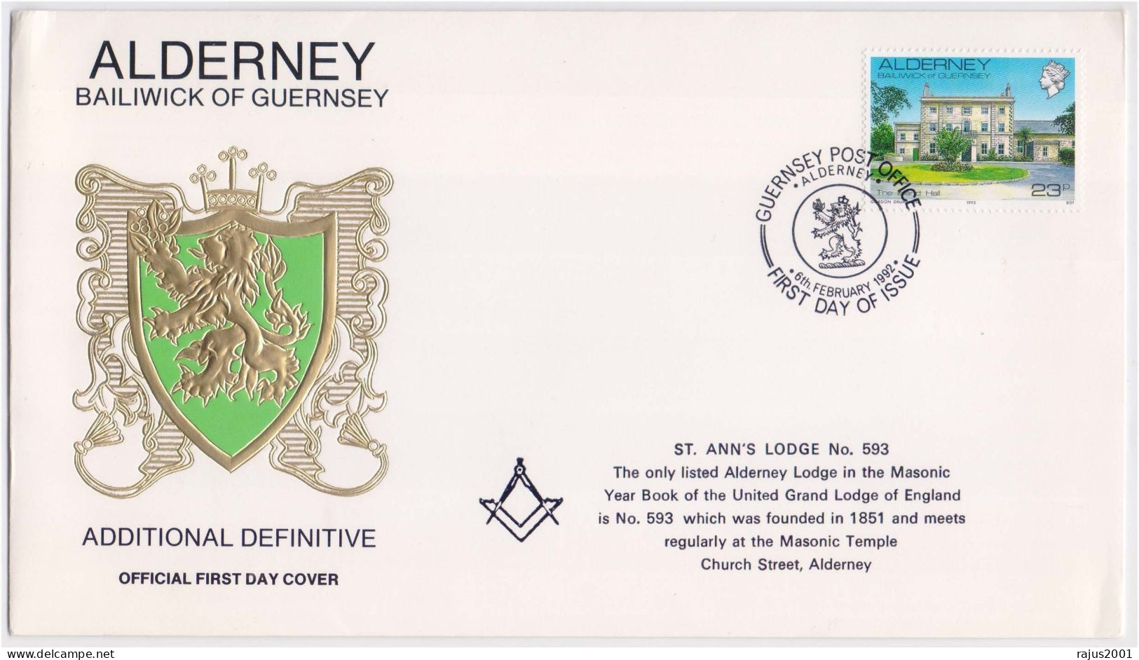 St. Ann's Grand Of England Lodge No. 593, Freemasonry Masonic Temple, Alderney Masonic FDC - Franc-Maçonnerie