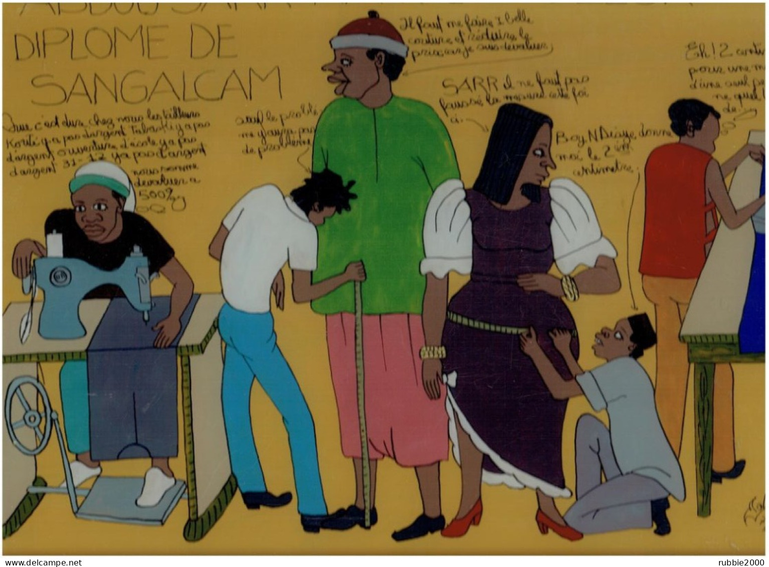 SENEGAL PEINTURE SUR VERRE 1994 SIGNEE MALLO SOW ARTISTE PEINTRE A DAKAR POUR ABDOU SARR MAITRE TAILLEUR DE SANGALKAM - African Art