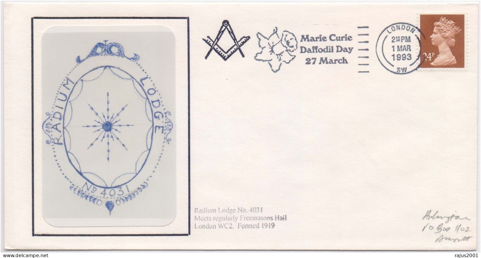 Radium Lodge No. 4031, Marie Curie Daffodil Day, Discovery Of Radium & Polonium, Freemasonry Masonic Only 100 Cover Made - Freimaurerei