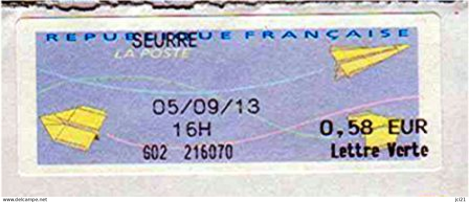 Vignette, Étiquette De Guichet " 21 SEURRE "  Sur Enveloppe Entière _E465 - 2000 Type « Avions En Papier »