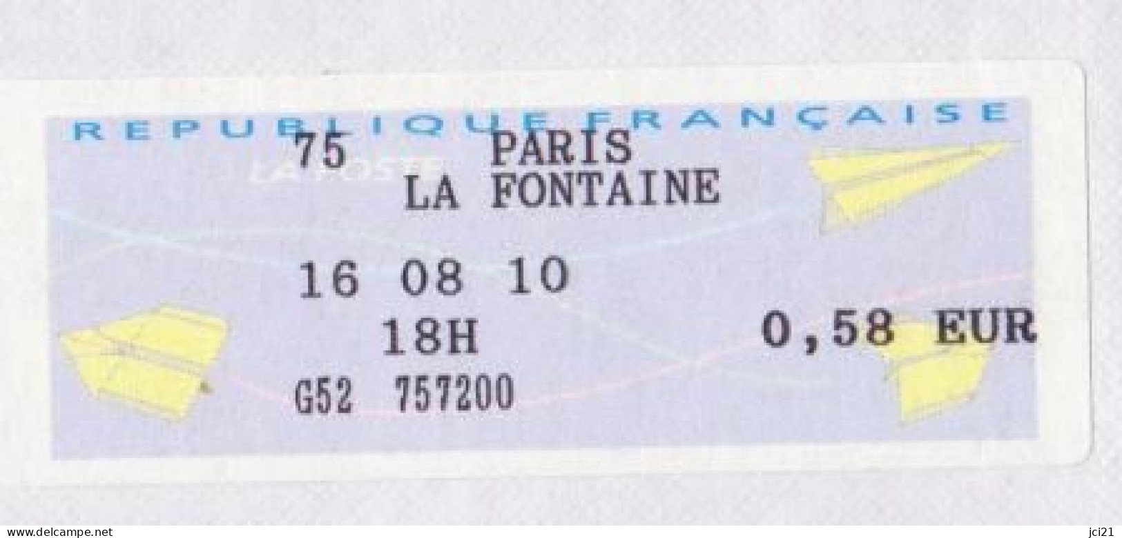 Vignette, Étiquette De Guichet " 75 PARIS LA FONTAINE "  Sur Enveloppe Entière _E504 - 2000 Type « Avions En Papier »