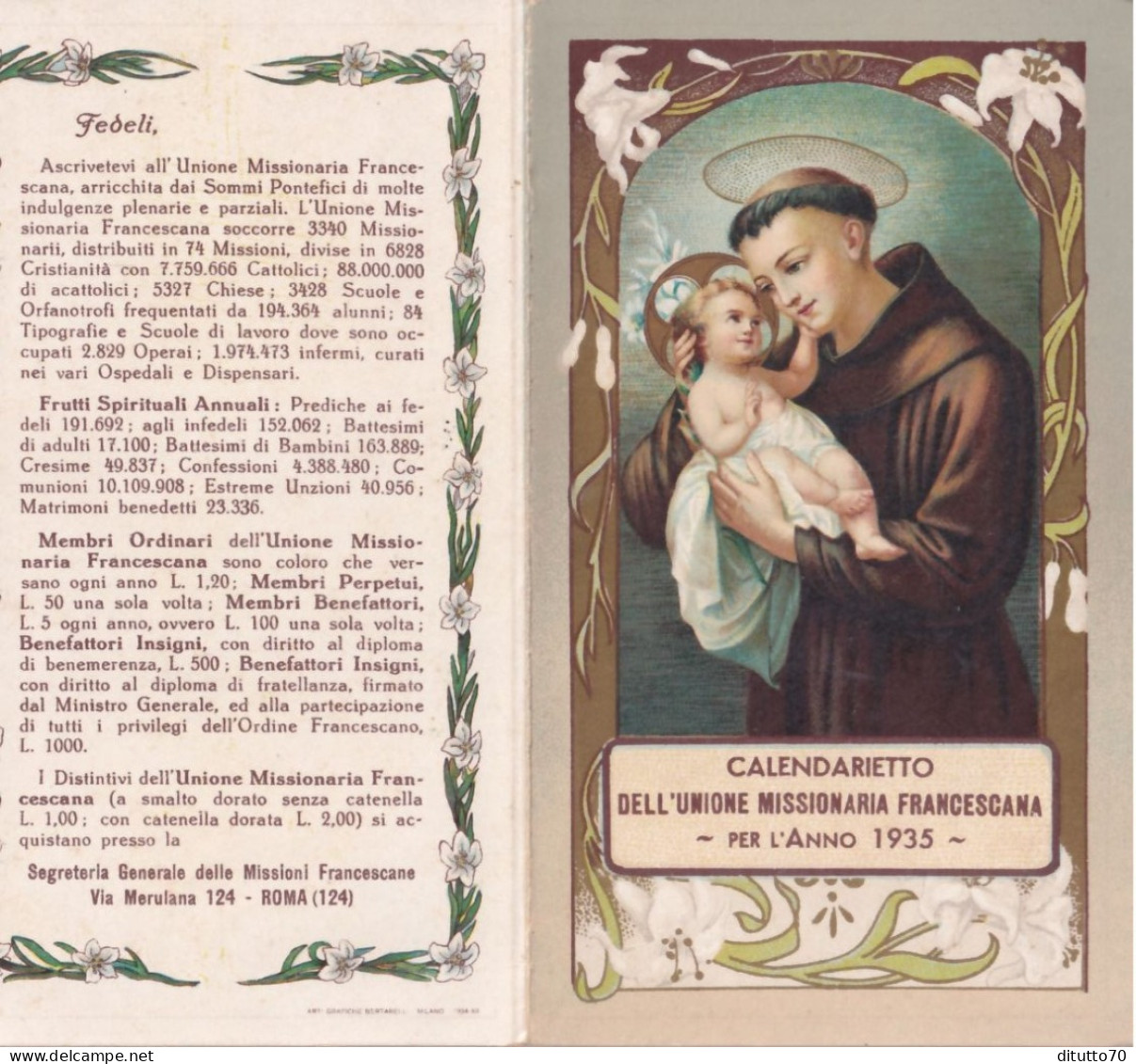 Calendarietto - Unione Missionaria Francescana  - Anno 1935 - Small : 1921-40