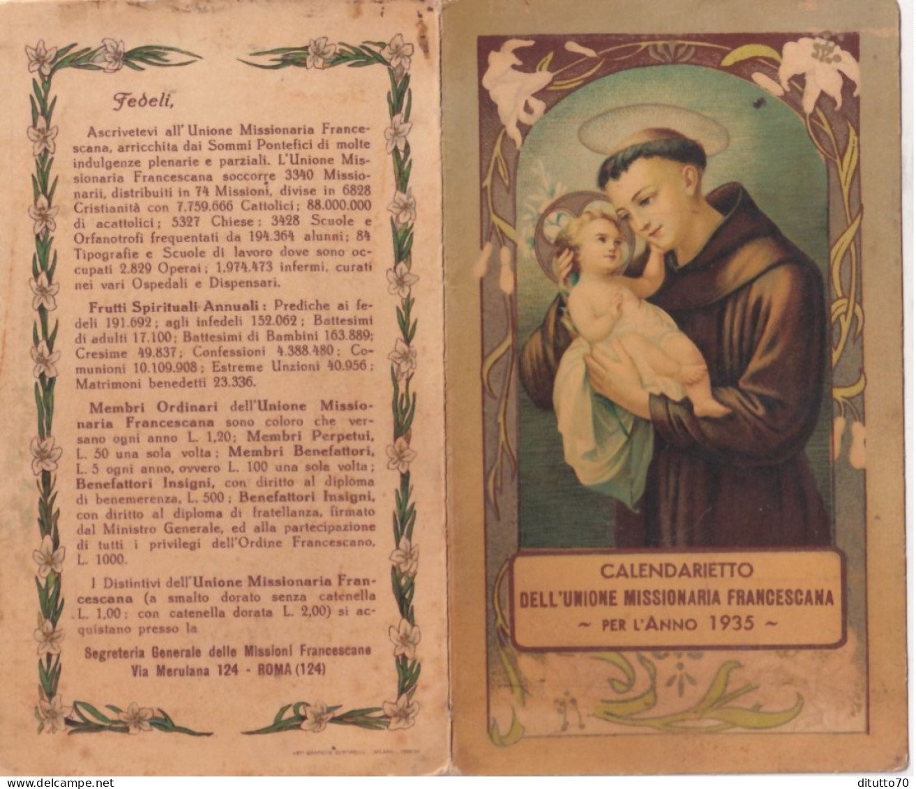 Calendarietto - Unione Missionaria Francescana - Anno 1935 - Petit Format : 1921-40