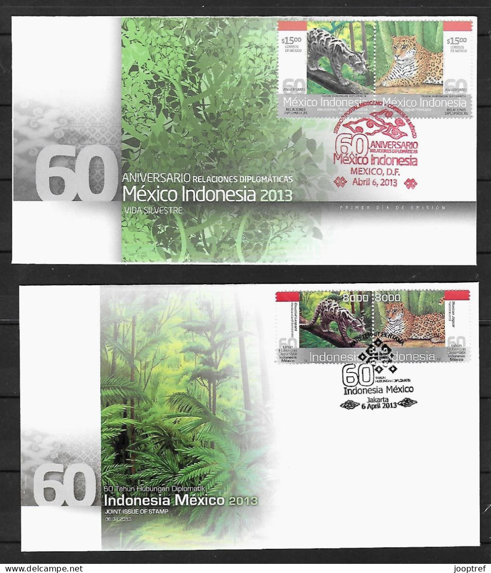 2013 Joint Indonesia And Mexico, BOTH OFFICIAL FDC'S WITH 2 STAMPS: Friendship / Leopard And Jaguar - Emissions Communes