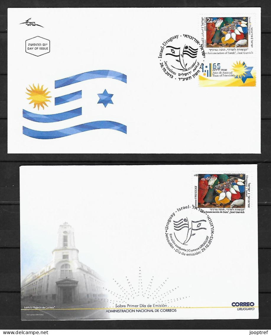 2013 Joint Israel And Uruquay, BOTH OFFICIAL FDC'S WITH 1 STAMP: Painting Jose Gurvich - Emissions Communes