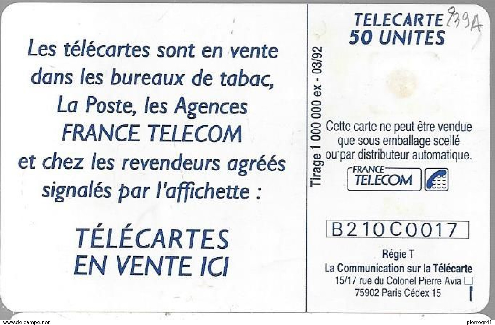 CARTE-PUBLIC-50U-03/92-F 239A-GEM Nickel-.SANS 2e Logo-VOS PASSIONS ONT LA PAROLE-V°dans Cadre Au N°B210C0017-TBE-RARE - 1991