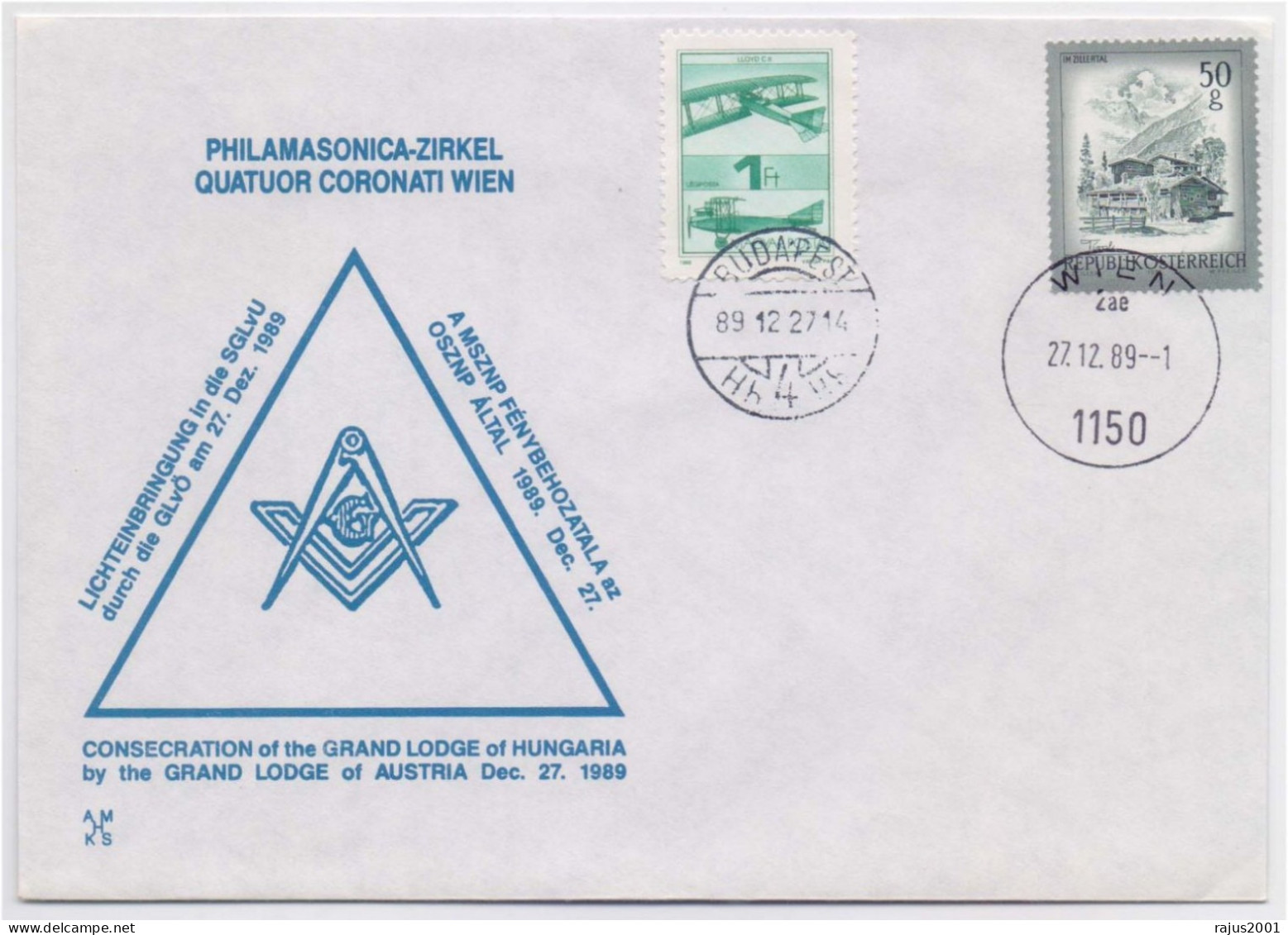 Consecration Of The Grand Lodge Of Hungaria By The Grand Lodge Of Austria, Freemasonry, Masonic, Combination Masonic FDC - Vrijmetselarij