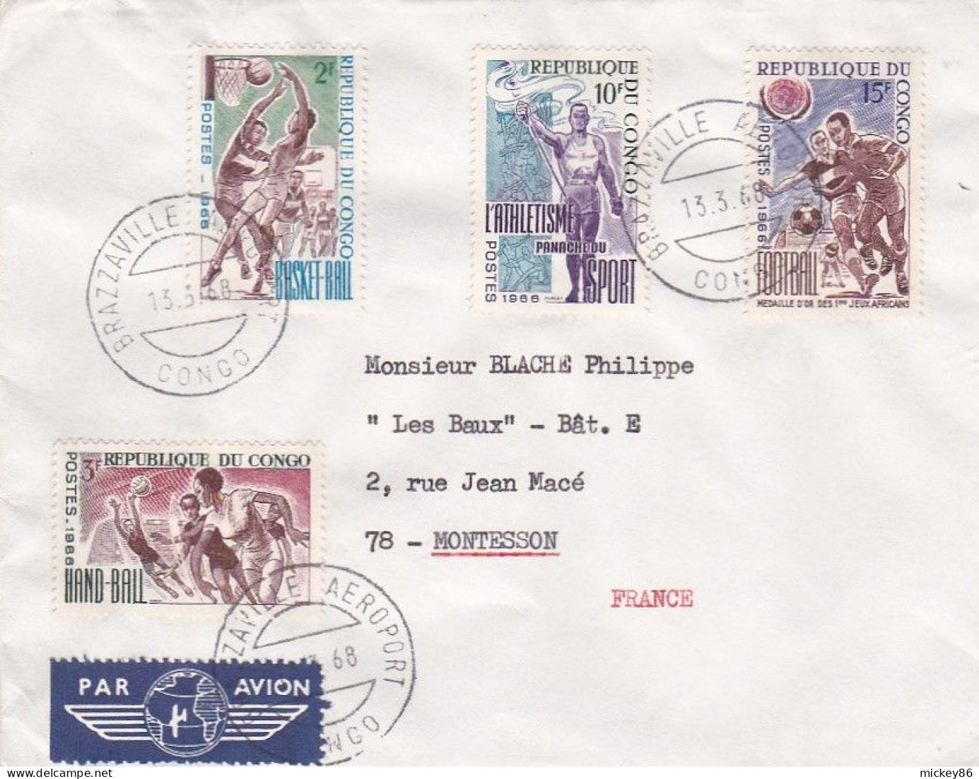 CONGO -1968--Lettre BRAZZAVILLE  Pour MONTESSON -78 (France) Timbres ( Basket-ball,football,hand-ball,athlétisme ) - Autres & Non Classés
