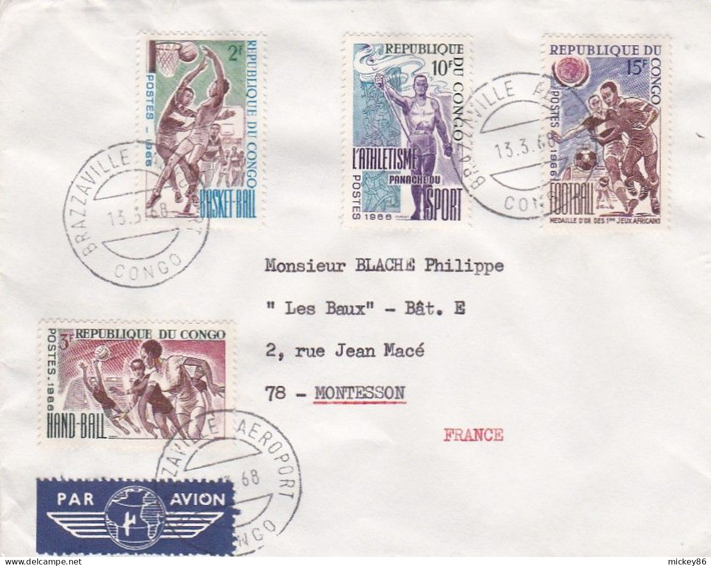 CONGO -1968--Lettre BRAZZAVILLE  Pour MONTESSON -78 (France) Timbres ( Basket-ball,football,hand-ball,athlétisme ) - Altri & Non Classificati