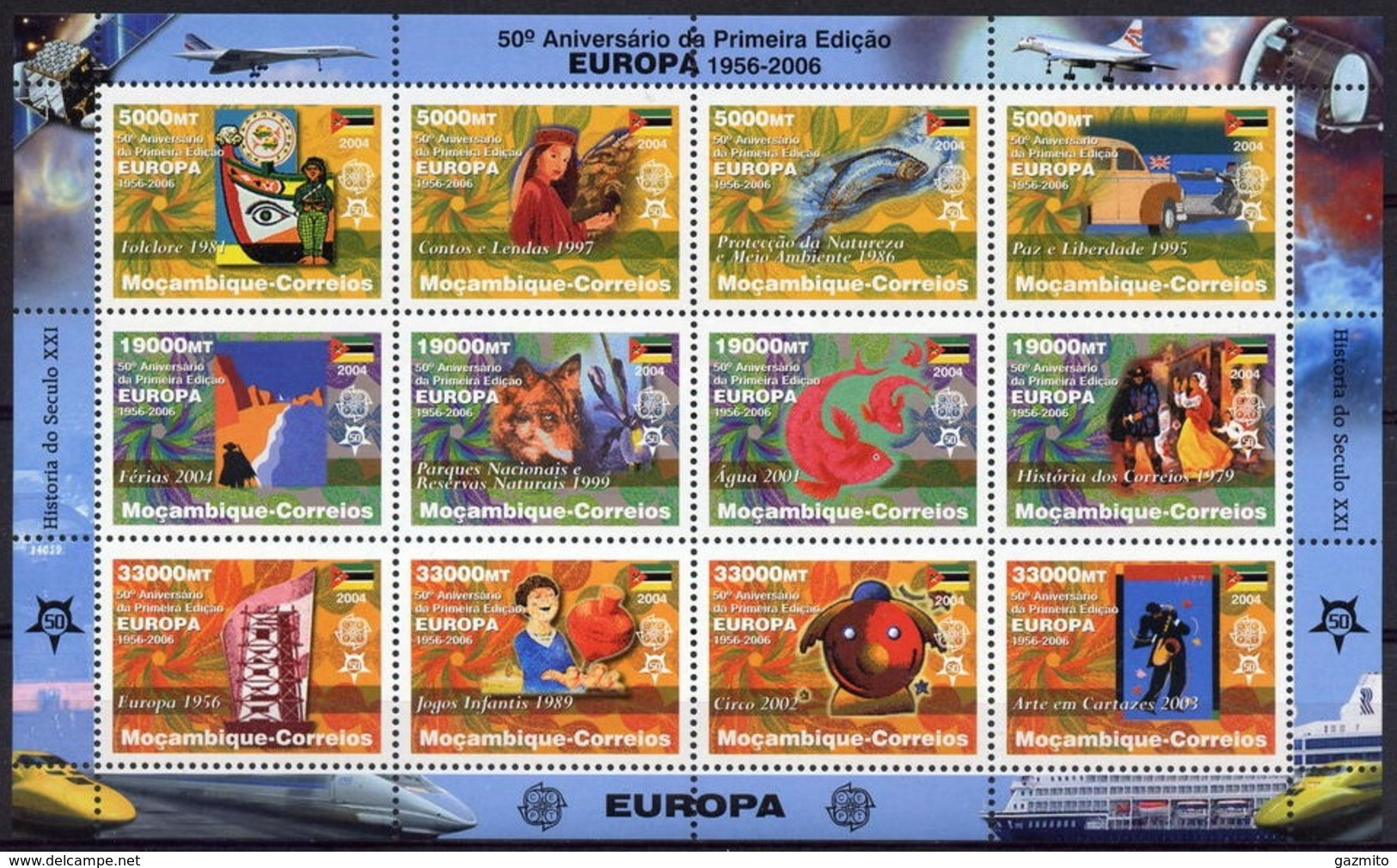 Mozambico 2006, 50th Europa Stamps, Trains, Concorde, Fishes, Cars, Clown, 12val In BF - Mozambique