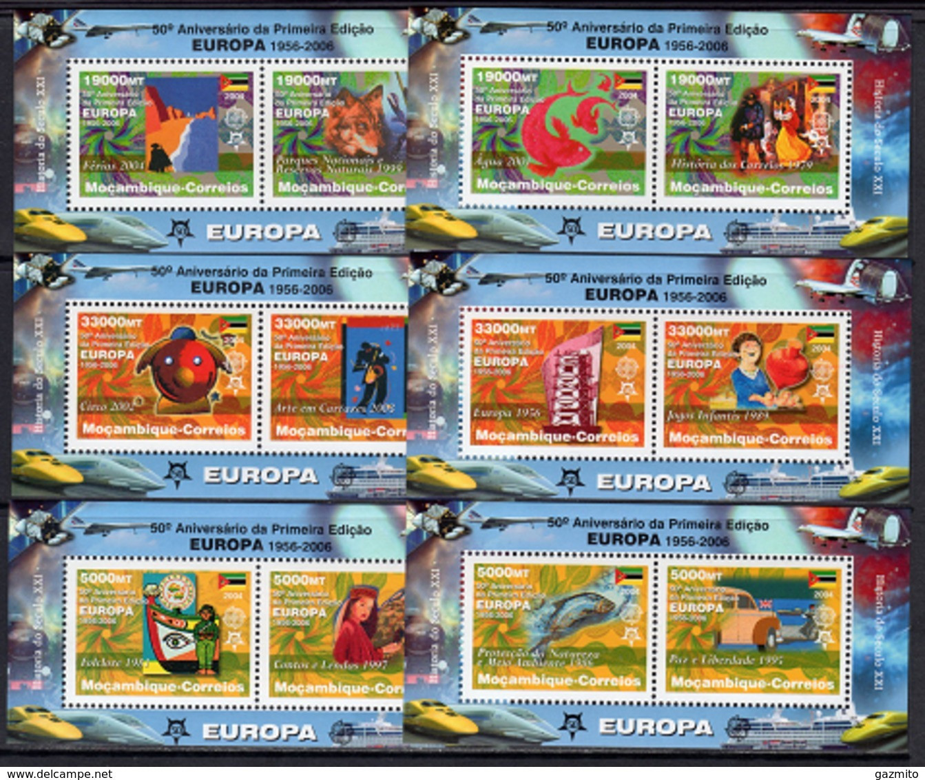 Mozambico 2006, 50th Europa Stamps, Trains, Concorde, Fishes, Cars, Clown, 12val In 6BF - Mozambique