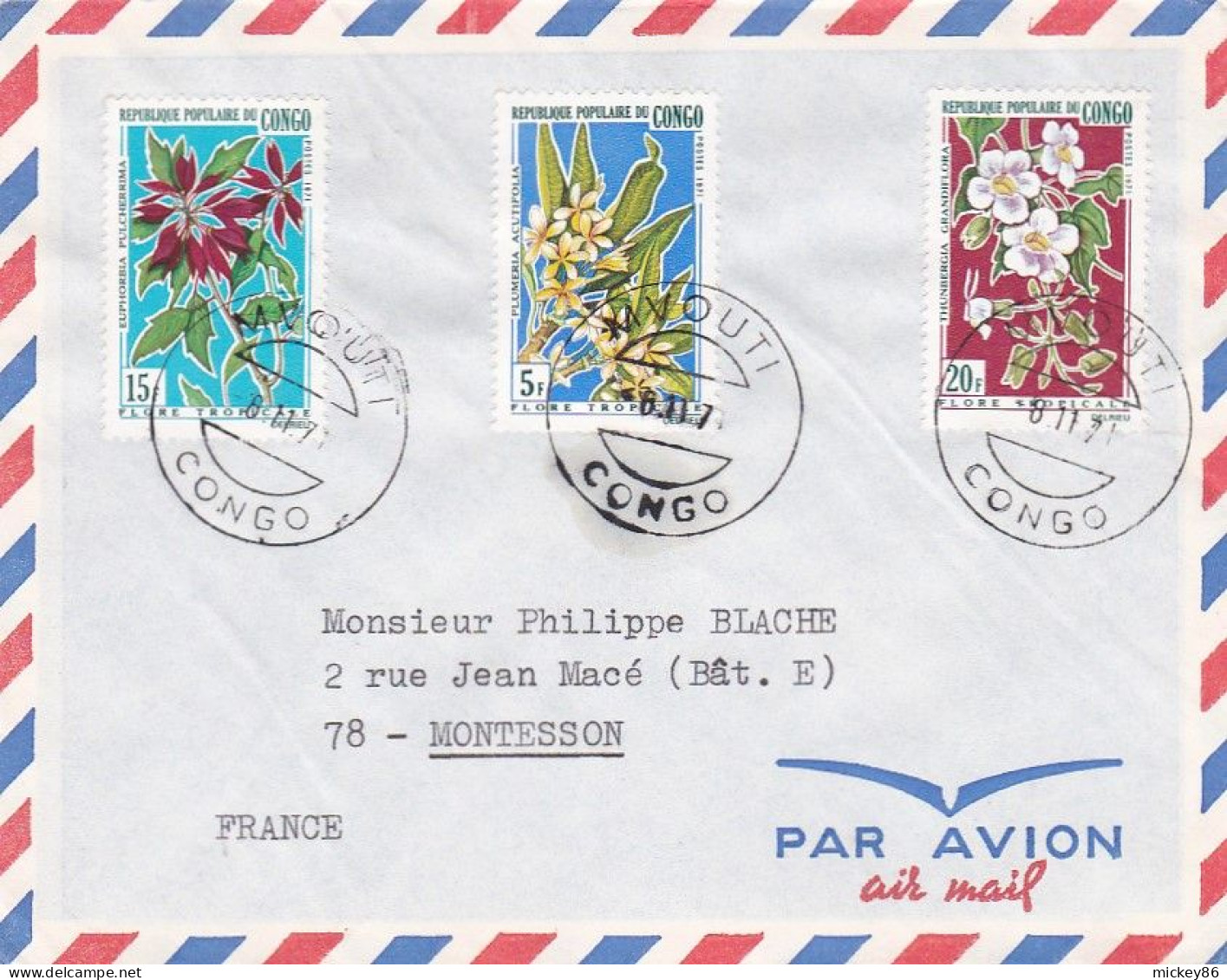 CONGO -1971--Lettre MVOUTI Pour MONTESSON-78 (France)... Timbres  Fleurs (3 Valeurs)  Sur Lettre.....cachet - Altri & Non Classificati