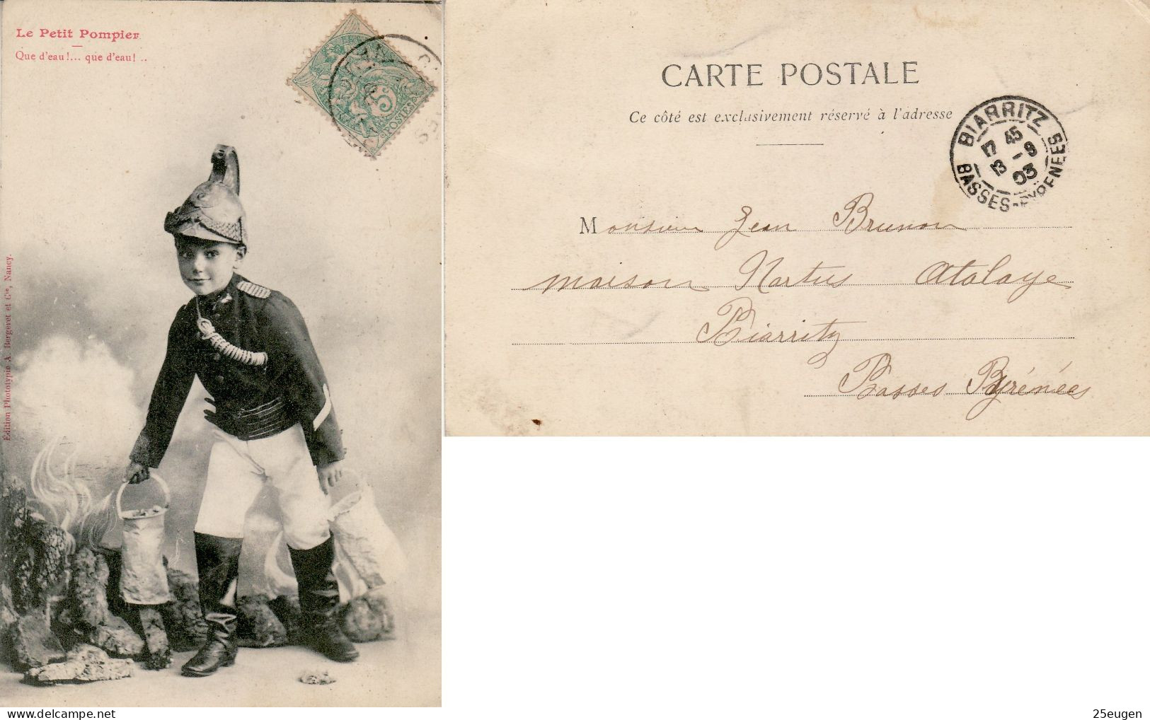 FRANCE 1903 POSTCARD SENT TO BIARRITZ - 1900-29 Blanc