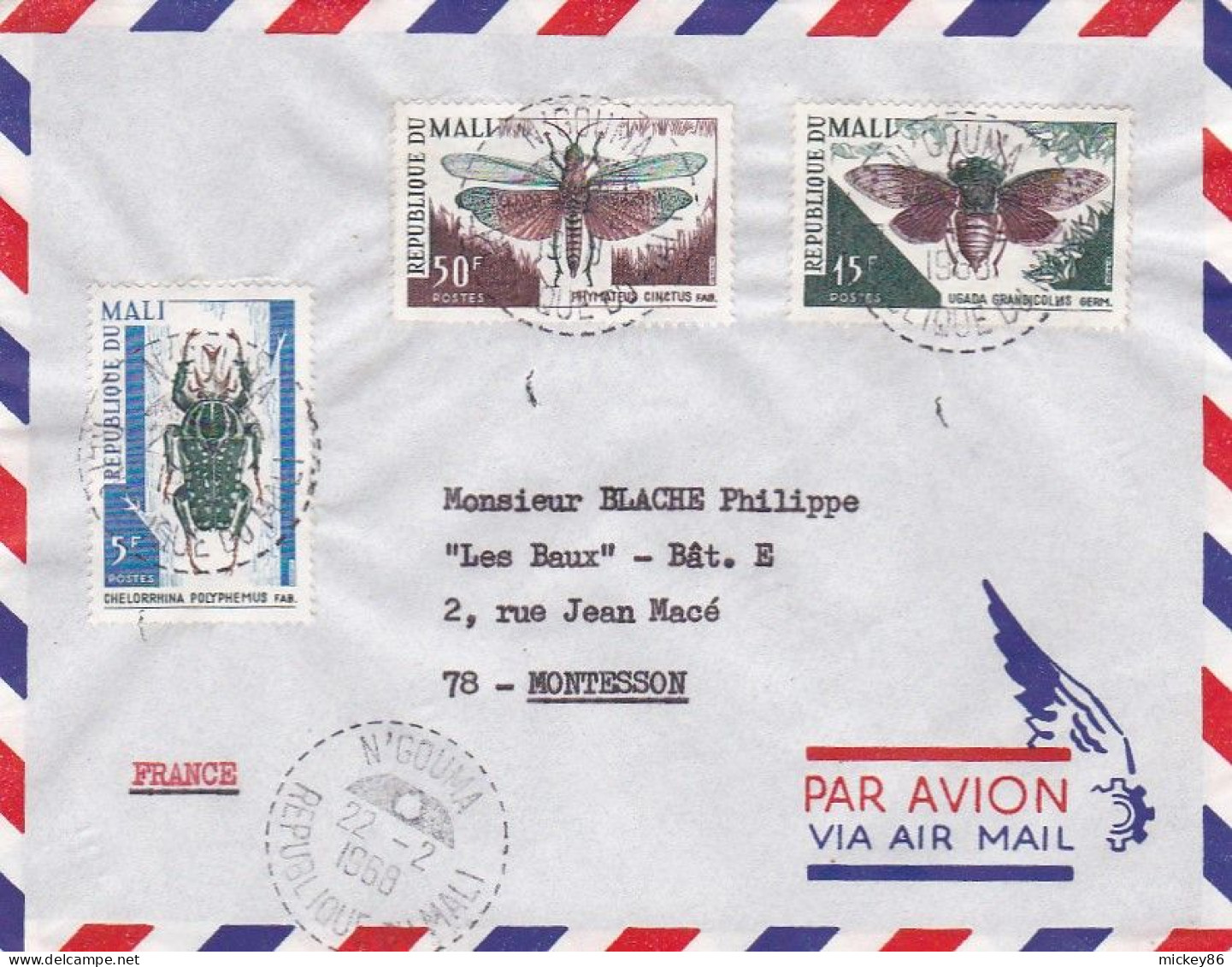 MALI -1968--Lettre N'GOUMA  Pour MONTESSON -78 (France)... Timbres  Insectes (3 Valeurs)  Sur Lettre.....cachet - Mali (1959-...)