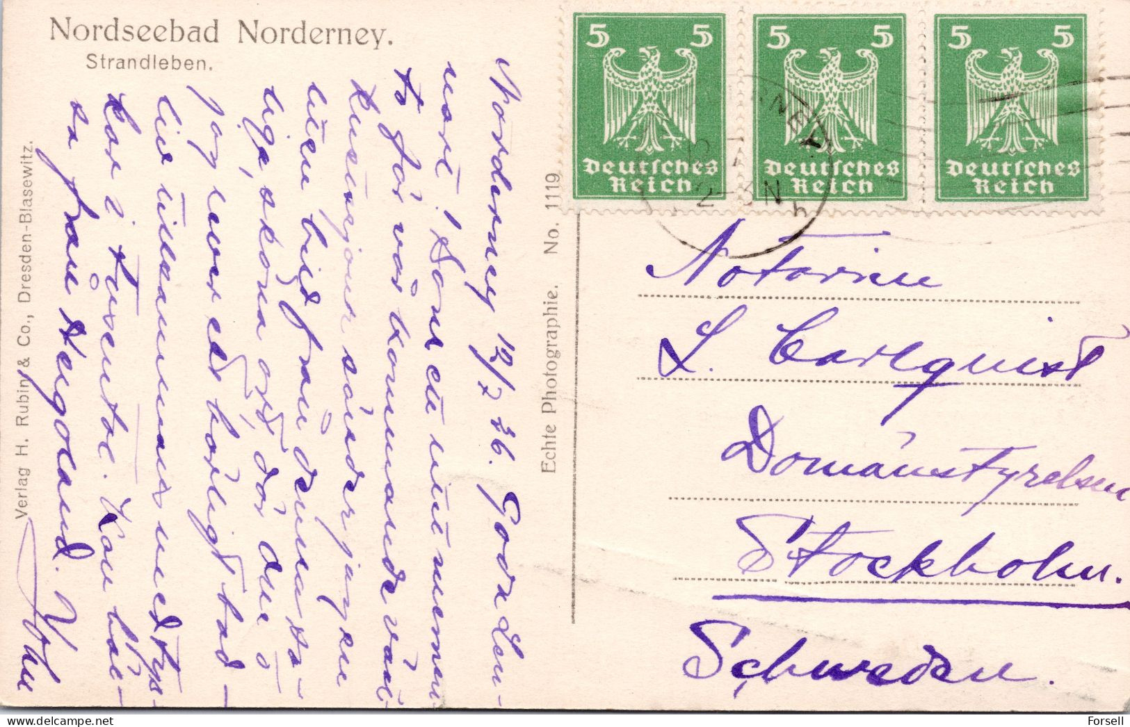 Nordseebad Norderney , Strandleben (Stempel: 1925 , Nach Schweden) - Norderney