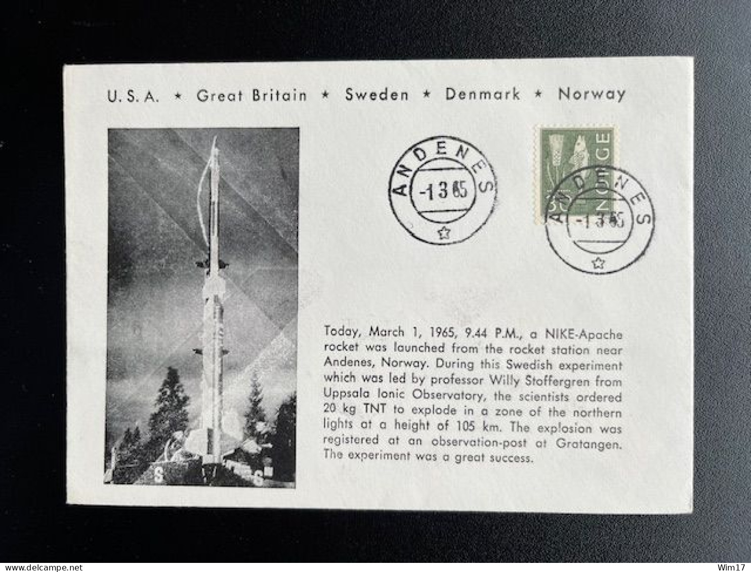 NORWAY NORGE 1965 SPECIAL COVER NIKE-APACHE ROCKET LAUNCH ANDENES 01-03-1965 NOORWEGEN SPACE - Briefe U. Dokumente