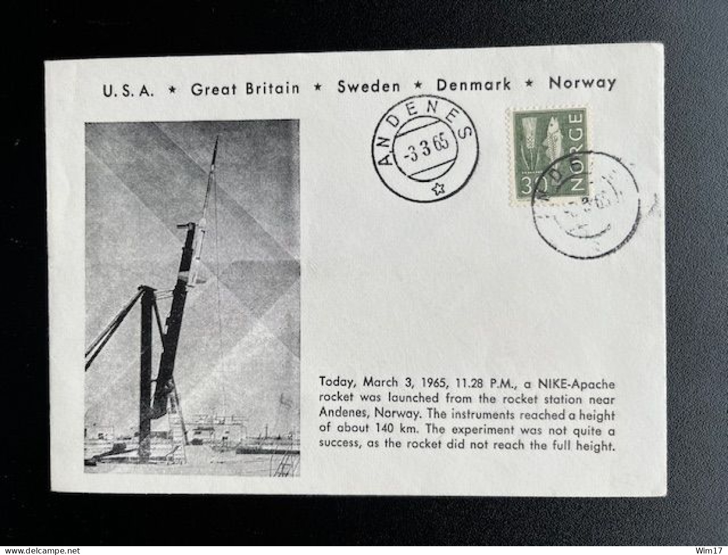 NORWAY NORGE 1965 SPECIAL COVER NIKE-APACHE ROCKET LAUNCH ANDENES 03-03-1965 NOORWEGEN SPACE - Briefe U. Dokumente