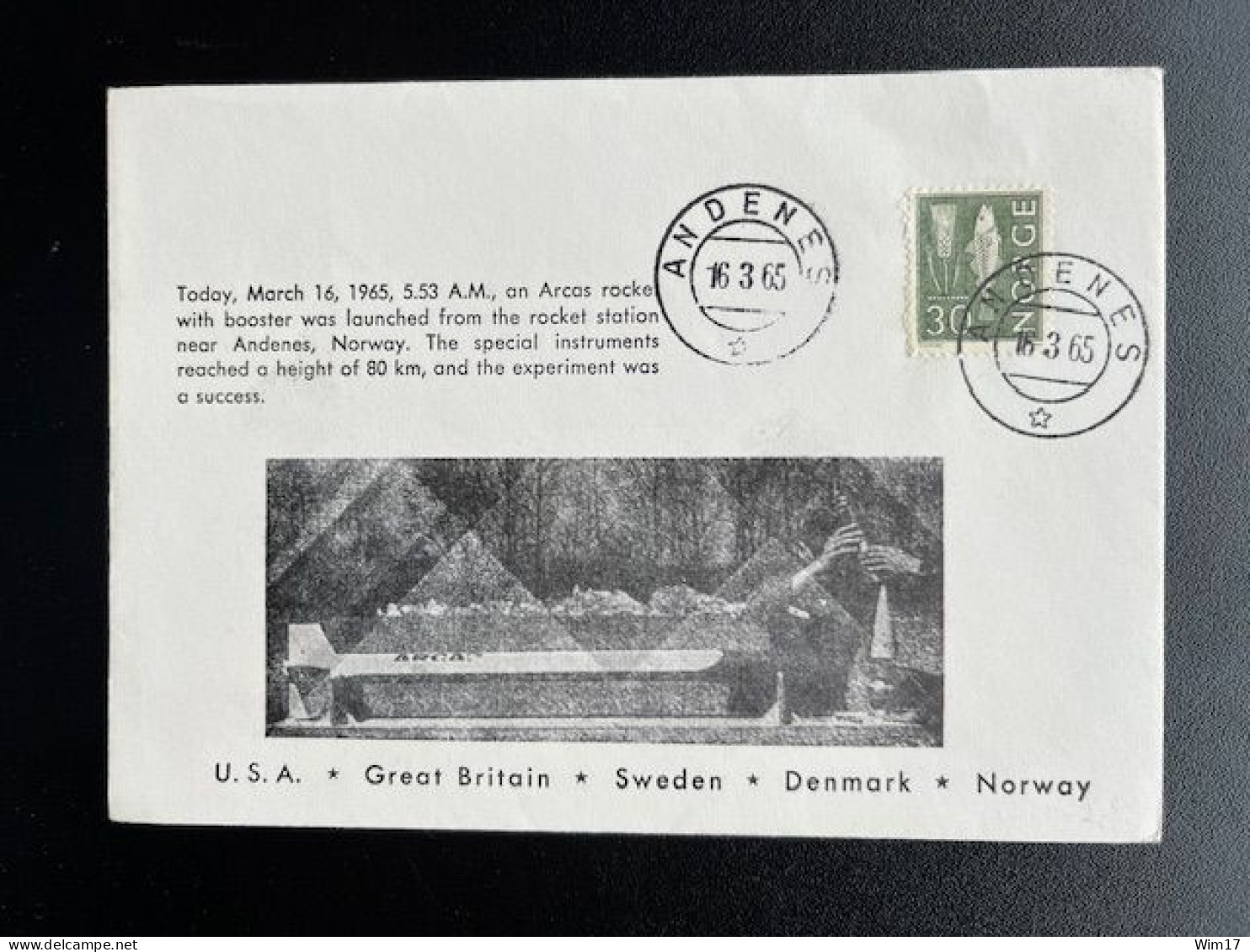 NORWAY NORGE 1965 SPECIAL COVER ARCAS ROCKET LAUNCH ANDENES 16-03-1965 NOORWEGEN SPACE - Brieven En Documenten