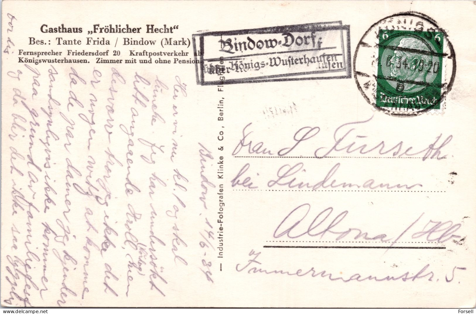 Fröhlicher Hecht , Bindow (Mark) , Fliegeraufnahme (Stempel: Bindow Dorf über Königs Wusterhausen 1934 , Nach Norwegen) - Koenigs-Wusterhausen