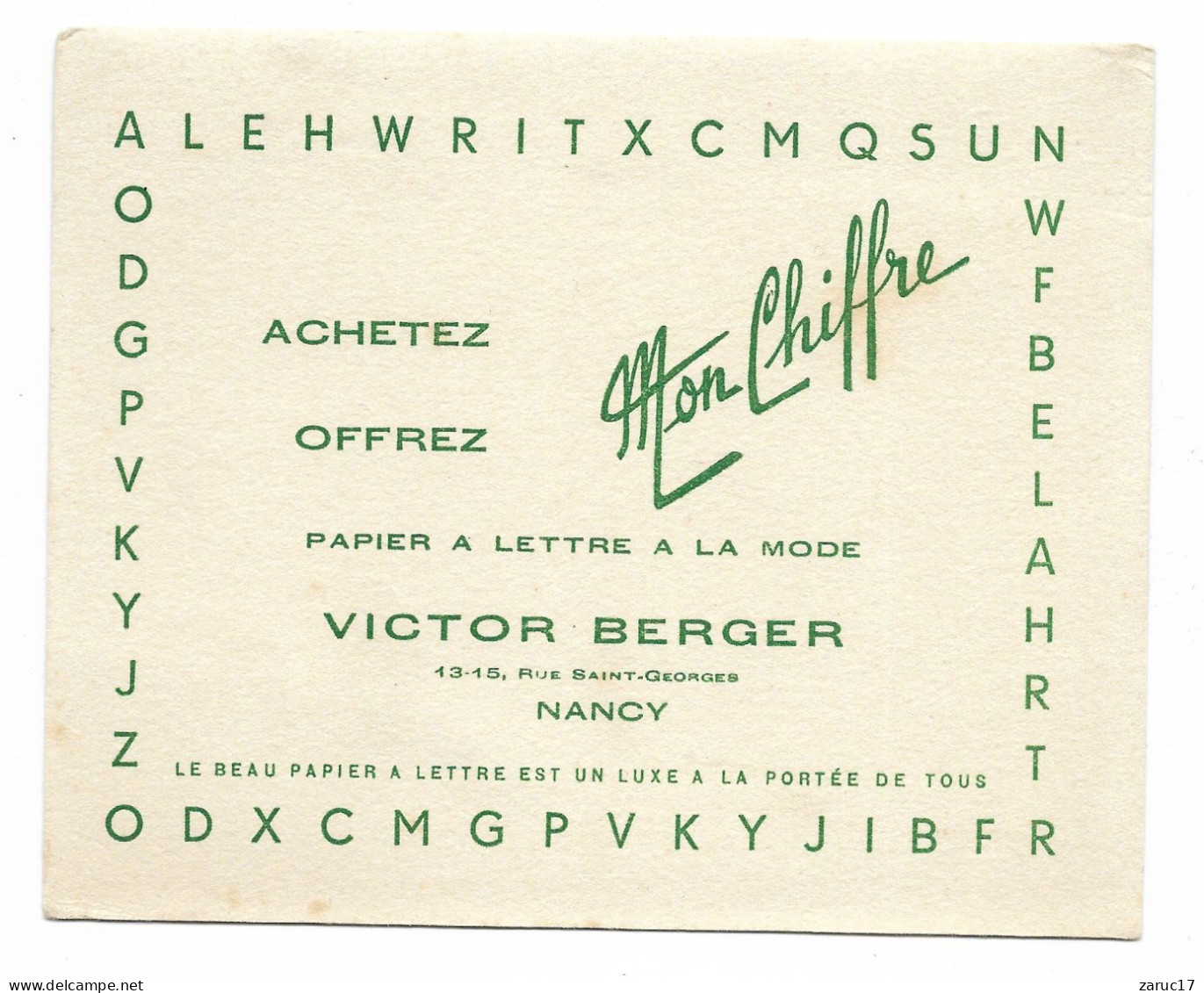 BUVARD VICTOR BERGER NANCY MON CHIFFRE PAPIER A LETTRE A LA MODE PAPETERIE LUXE - Papierwaren