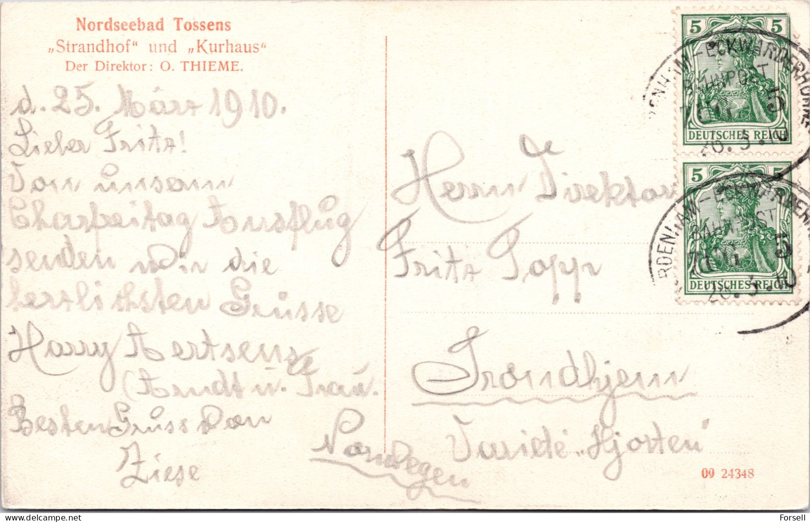 Nordseebad Tossens  (Bahnpost Stempel: Nordenham-Eckwarderhörne 1910 , Nach Norwegen) - Nordenham