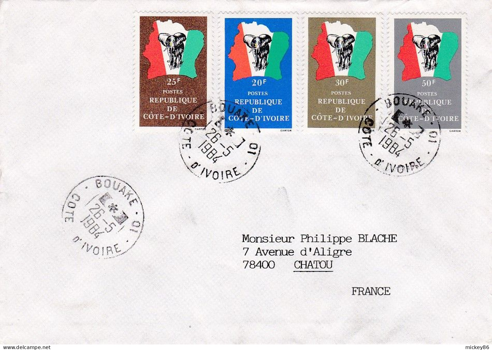 Côte D'Ivoire-1984-Lettre BOUAKE 01 Pour CHATOU -78 (France) Timbres éléphant (4 Valeurs )  Sur Lettre.....cachet - Ivory Coast (1960-...)