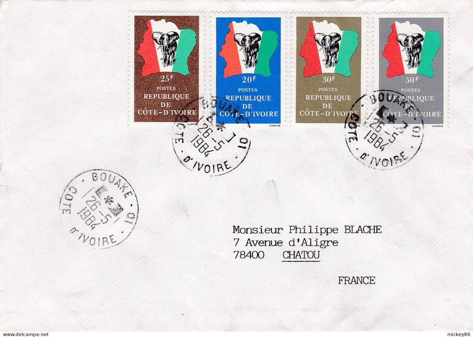 Côte D'Ivoire-1984-Lettre BOUAKE 01 Pour CHATOU -78 (France) Timbres éléphant (4 Valeurs )  Sur Lettre.....cachet - Ivoorkust (1960-...)